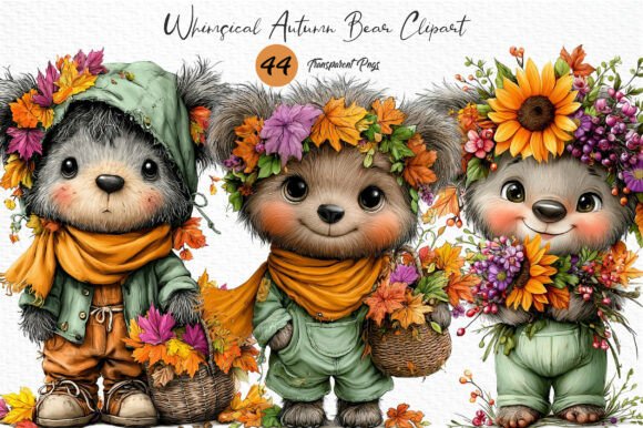 Download Whimsical Autumn Bear Clipart PNG - Clipart Collection