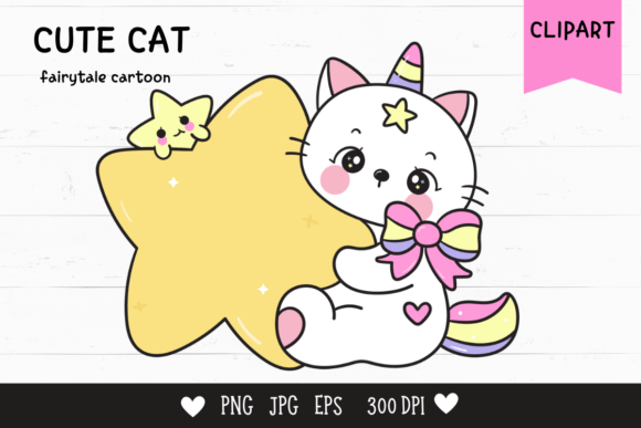 Download Cute Cat Cartoon Hug Star Kawaii Clipart - Clipart Collection