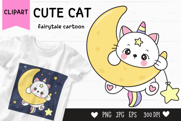 Download Cute Cat Cartoon on Moon Kawaii Clipart - Clipart Collection